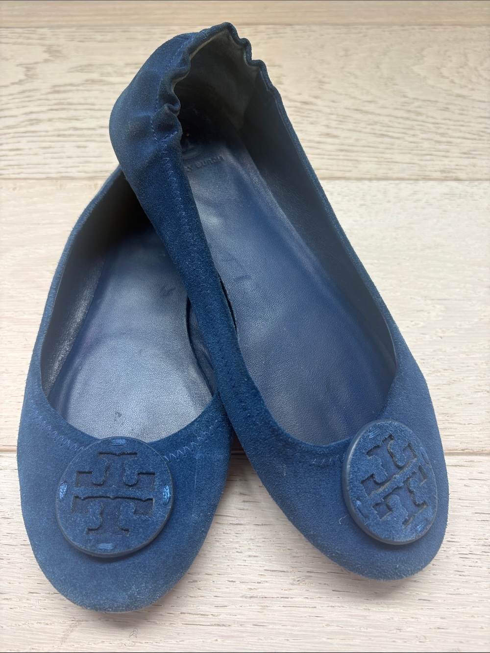 Tory Burch Navy Suede Logo Round-Toe Flats
